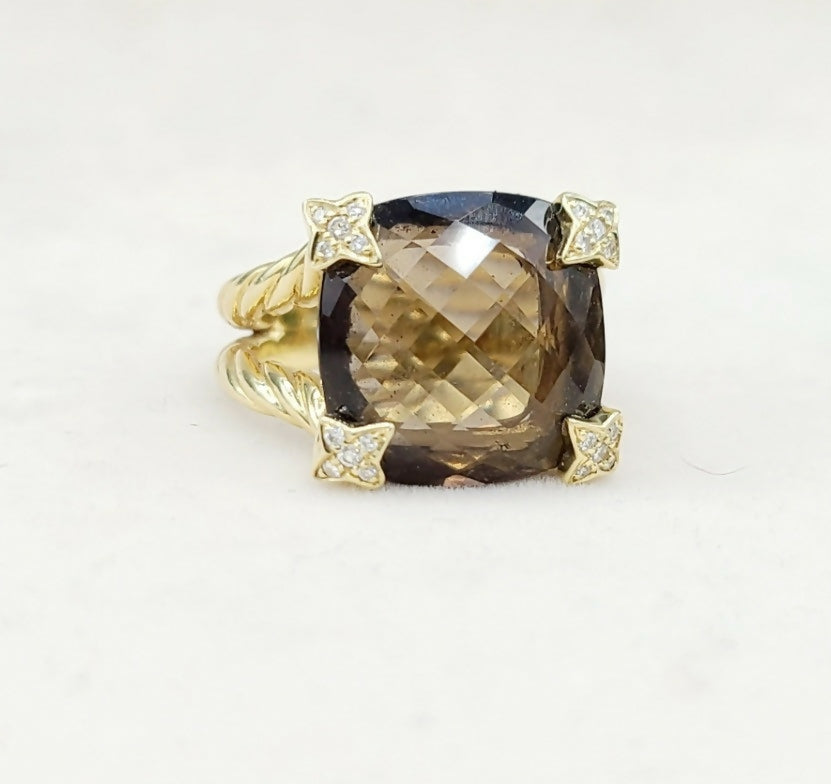    David Yurman 15mm Smoky Quartz Cushion Ring 18K Gold & Diamonds