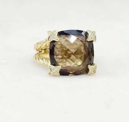    David Yurman 15mm Smoky Quartz Cushion Ring 18K Gold & Diamonds