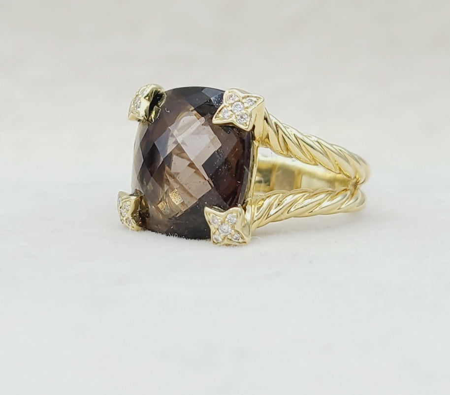    David Yurman 15mm Smoky Quartz Cushion Ring 18K Gold & Diamonds