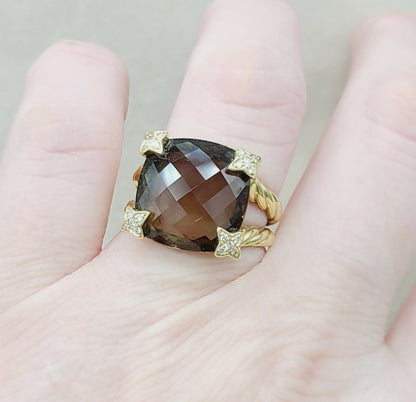    David Yurman 15mm Smoky Quartz Cushion Ring 18K Gold & Diamonds