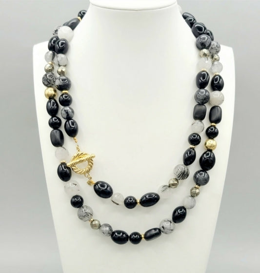    David Yurman 18k Gold Necklace – Onyx, Quartz & Pyrite
