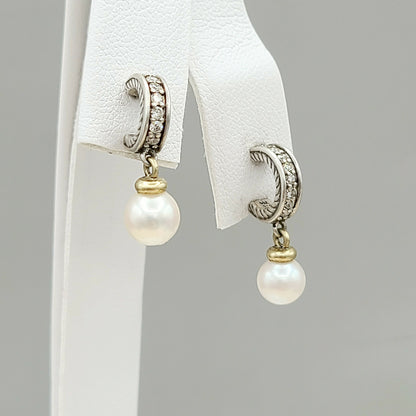    David Yurman Cable Drop Earrings Pearls & Diamonds