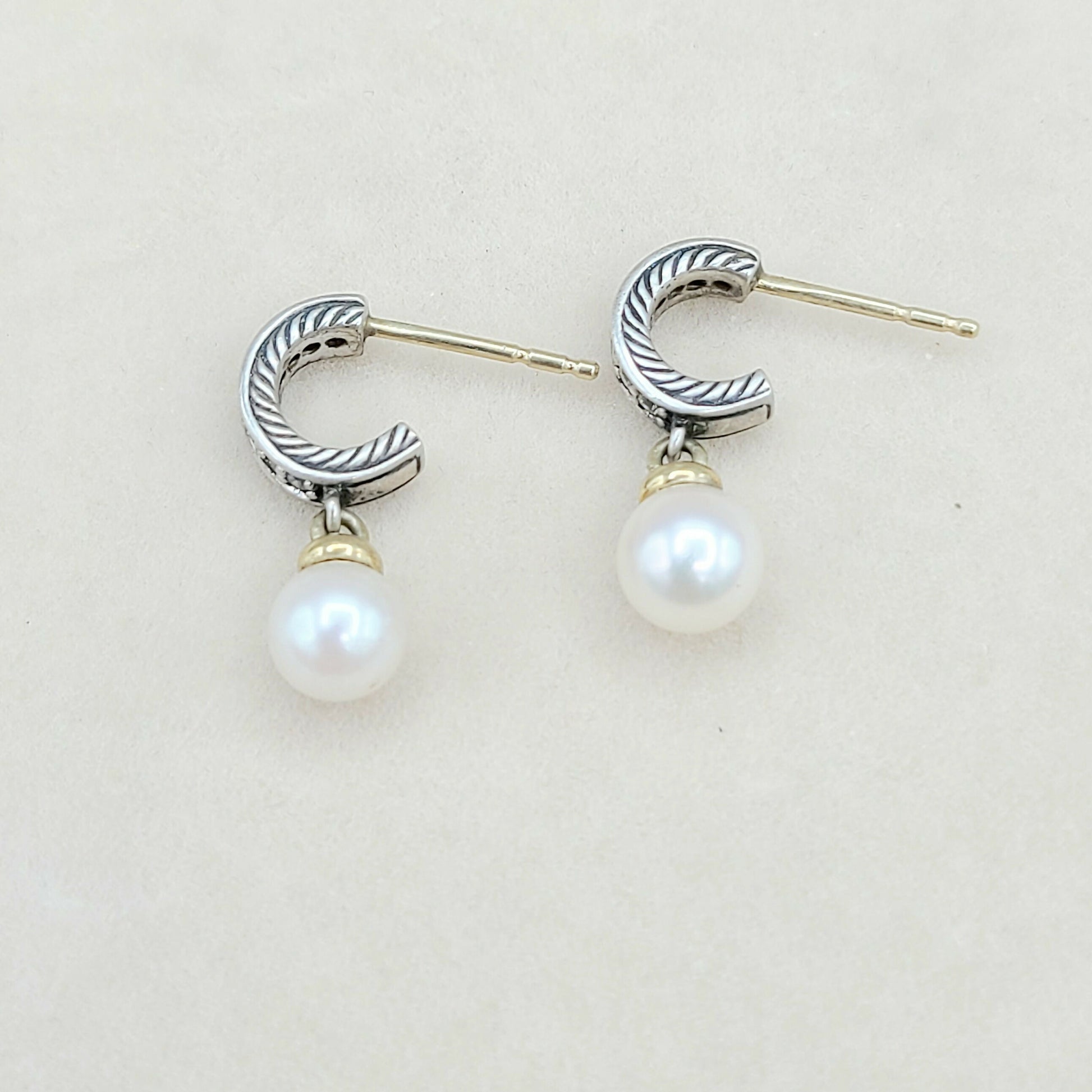    David Yurman Cable Drop Earrings Pearls & Diamonds