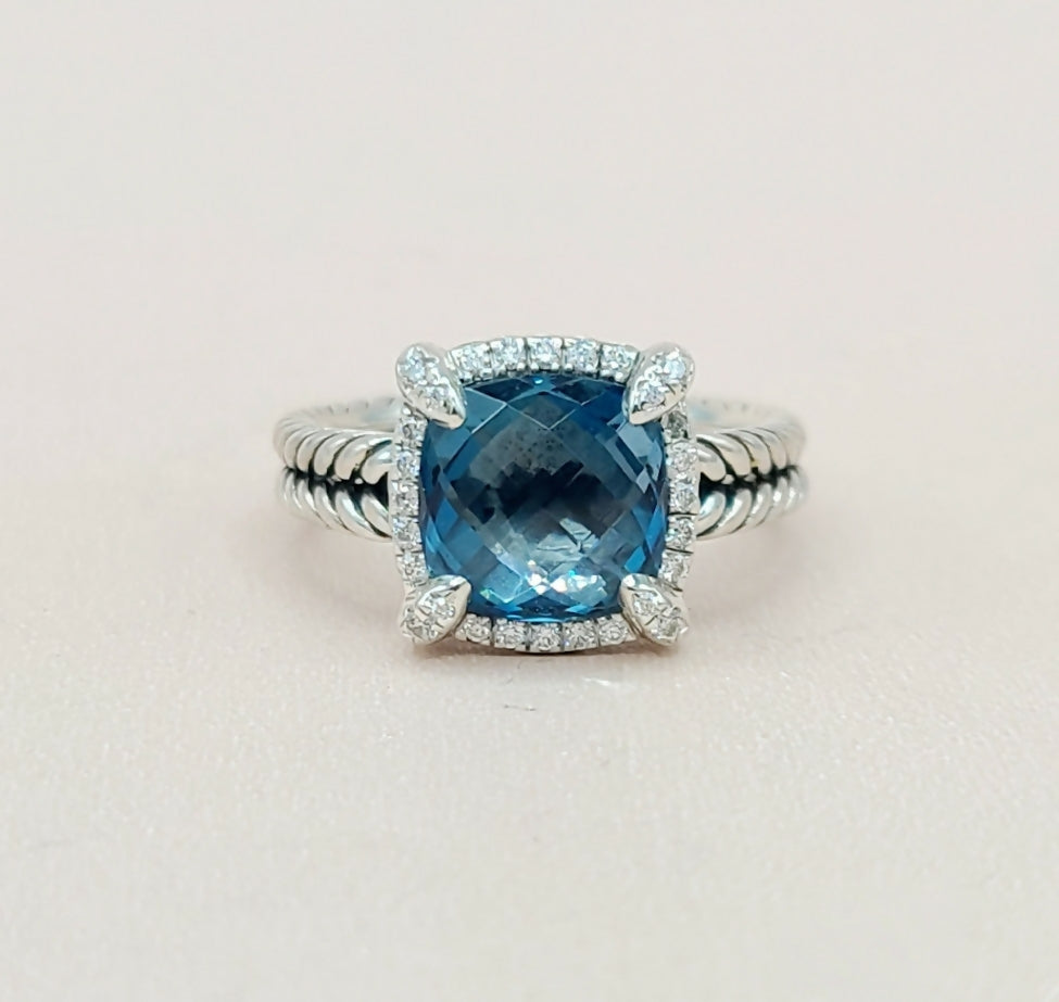    David Yurman Chatelaine Pavé Diamond Bezel  Blue Topaz Ring