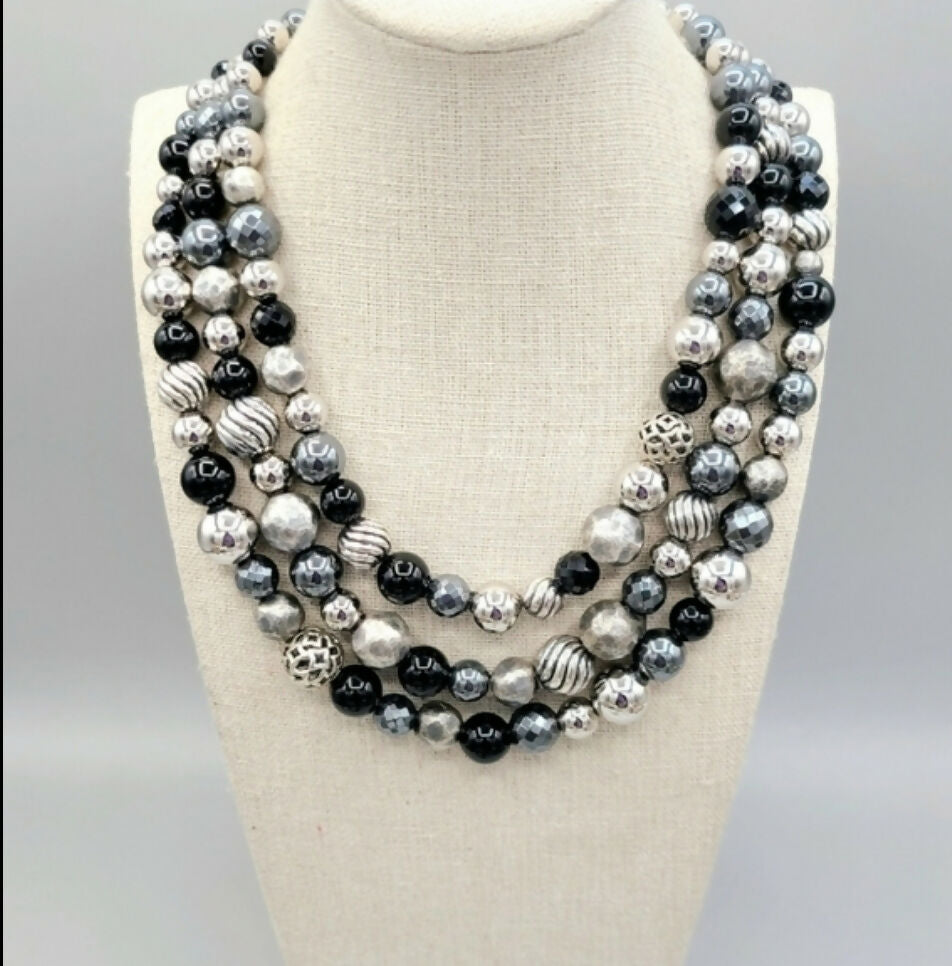    David Yurman Elements Triple Row Necklace – Hematite & Onyx