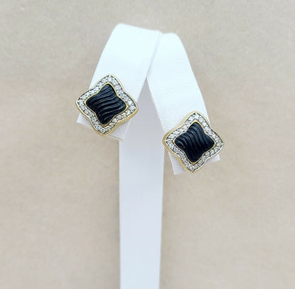    David Yurman Quatrefoil Carved Onyx Diamond Earrings Gold