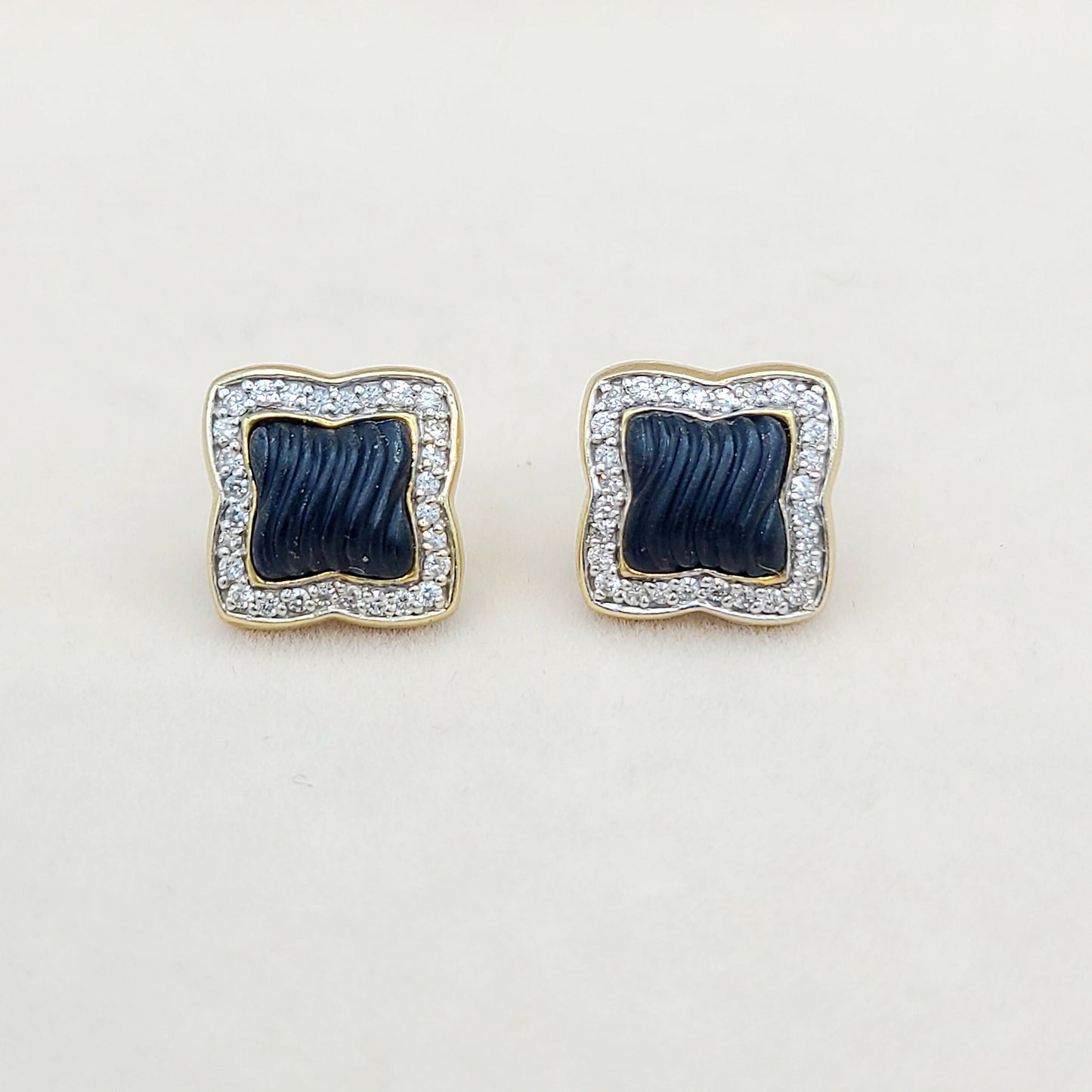    David Yurman Quatrefoil Carved Onyx Diamond Earrings Gold