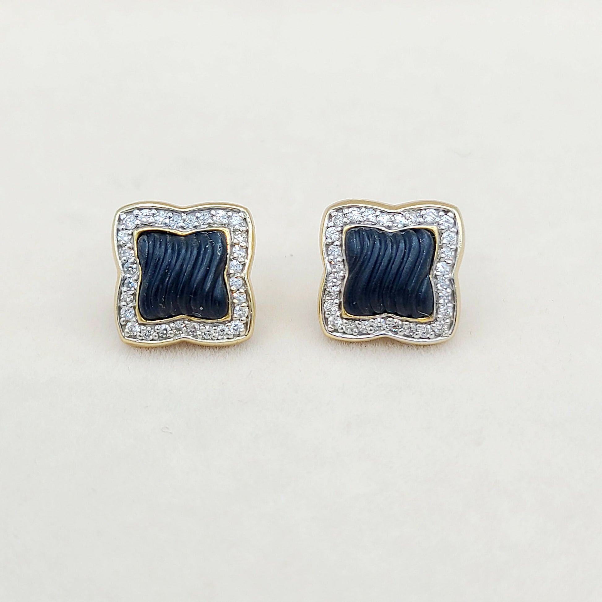    David Yurman Quatrefoil Carved Onyx Diamond Earrings Gold