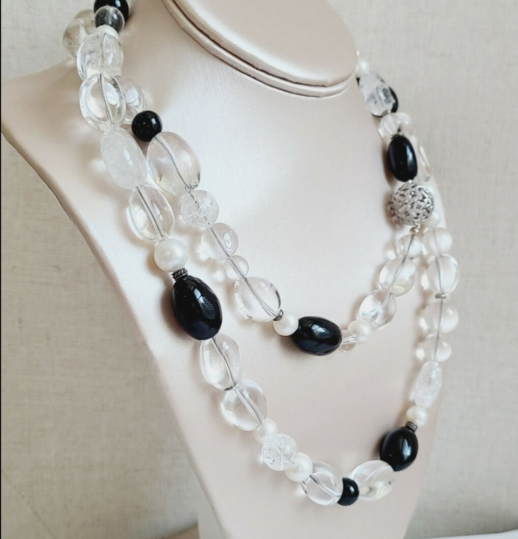    David Yurman Quatrefoil Necklace – Onyx, Crystal & Pearl