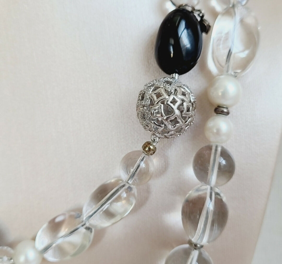    David Yurman Quatrefoil Necklace – Onyx, Crystal & Pearl
