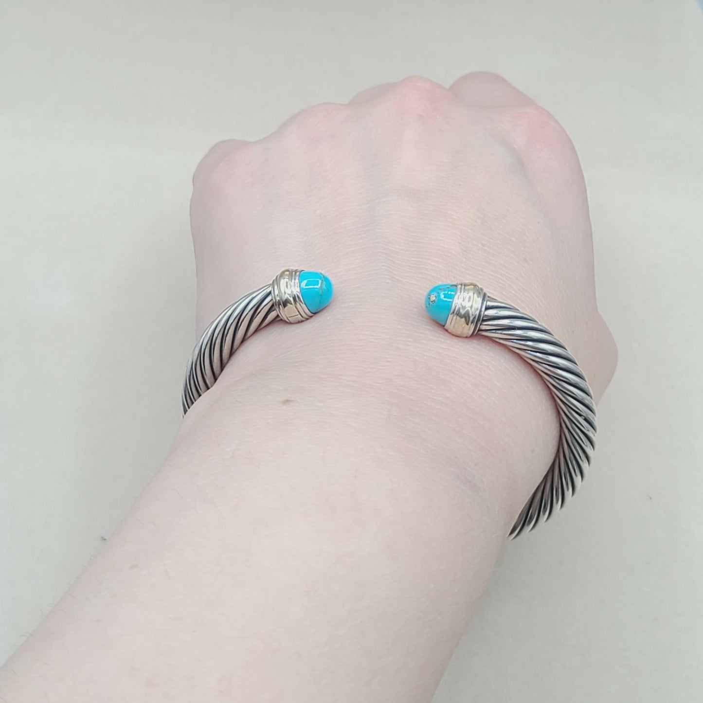    David Yurman 7mm Turquoise Silver Gold Cable Bracelet