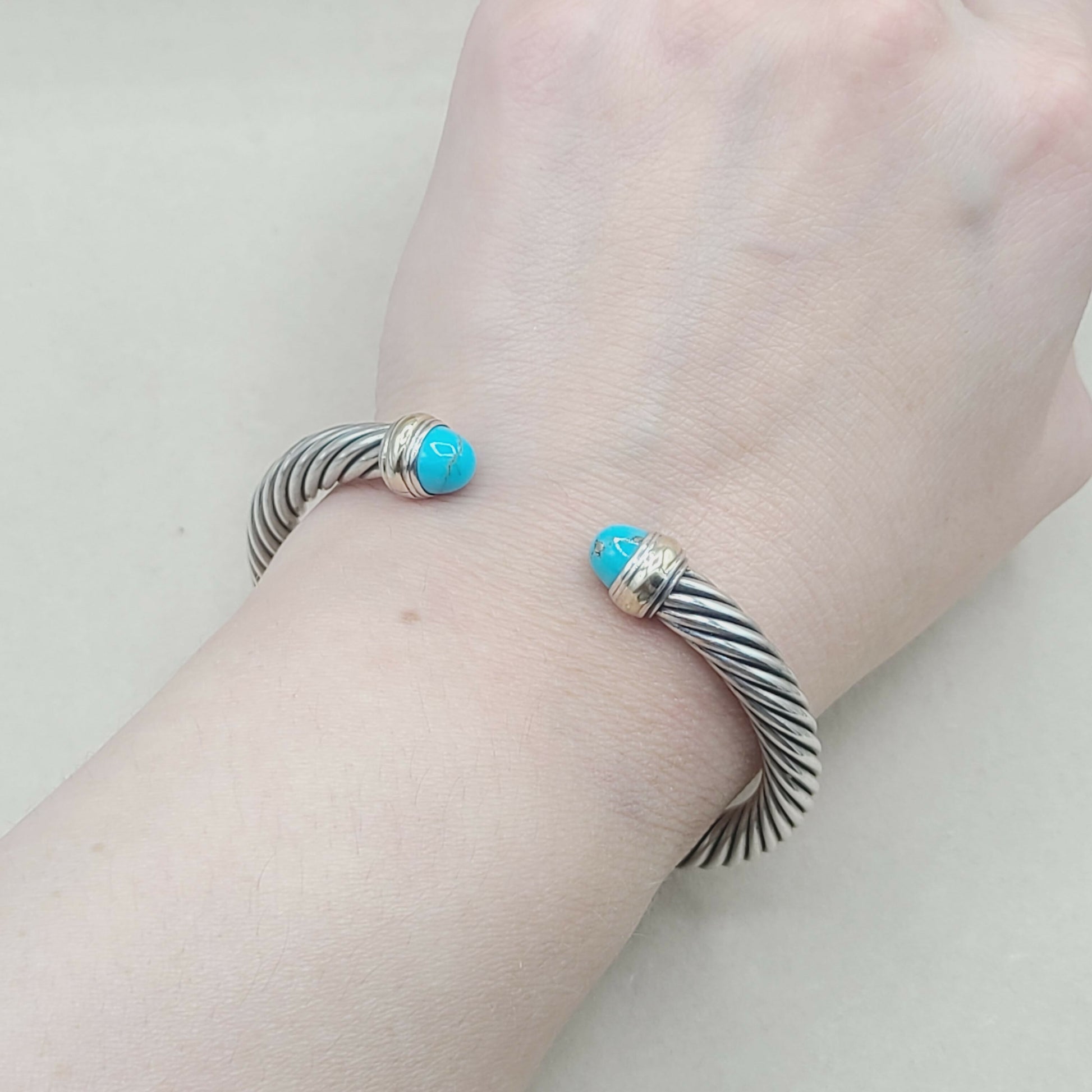    David Yurman 7mm Turquoise Silver Gold Cable Bracelet