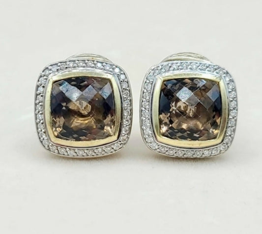    David Yurman Albion Smoky Quartz Silver Gold Diamond Earrings, 11mm