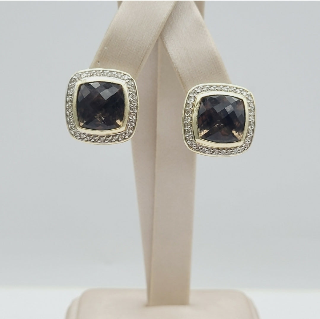    David Yurman Albion Smoky Quartz Silver Gold Diamond Earrings, 11mm