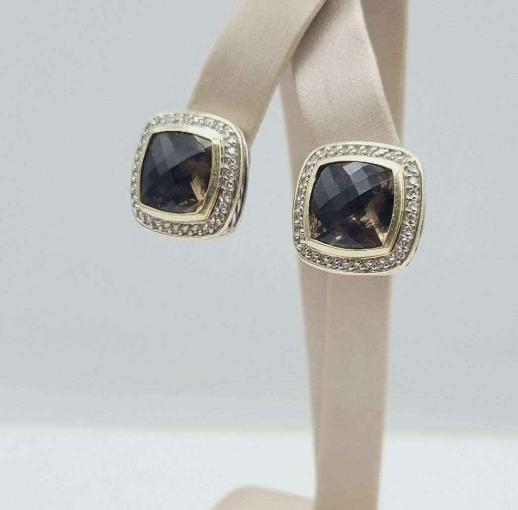    David Yurman Albion Smoky Quartz Silver Gold Diamond Earrings, 11mm