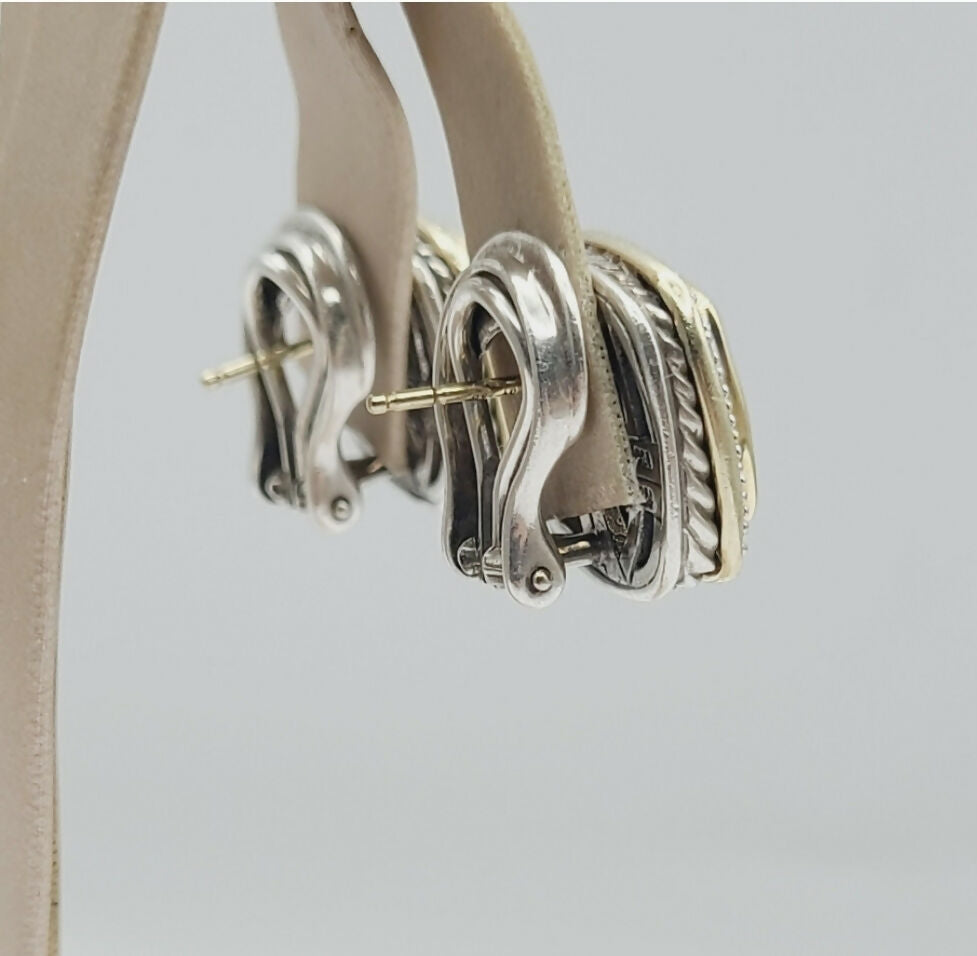    David Yurman Albion Smoky Quartz Silver Gold Diamond Earrings, 11mm