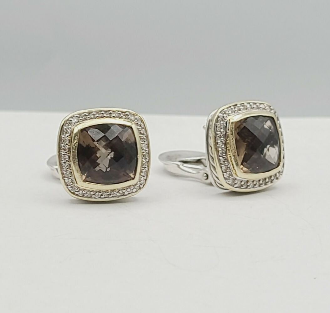    David Yurman Albion Smoky Quartz Silver Gold Diamond Earrings, 11mm