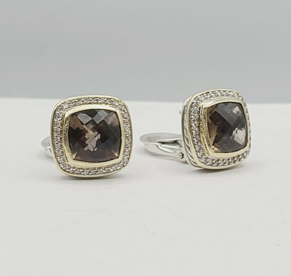    David Yurman Albion Smoky Quartz Silver Gold Diamond Earrings, 11mm