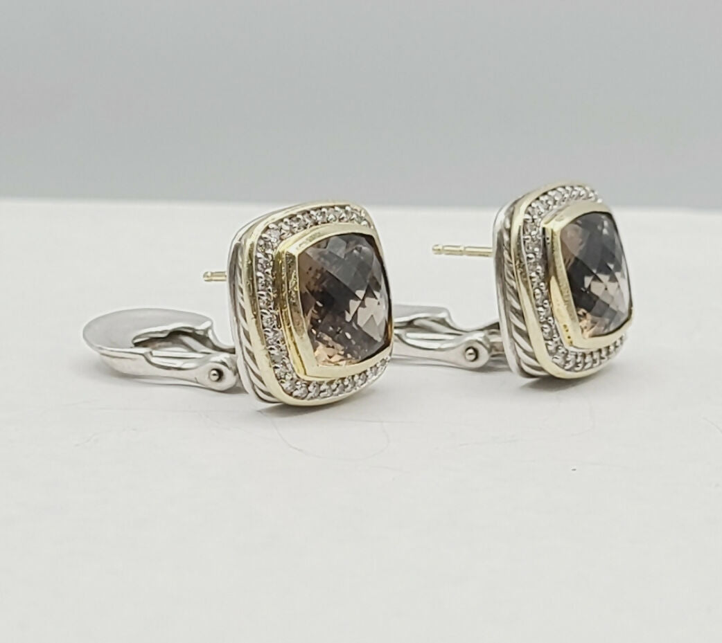    David Yurman Albion Smoky Quartz Silver Gold Diamond Earrings, 11mm