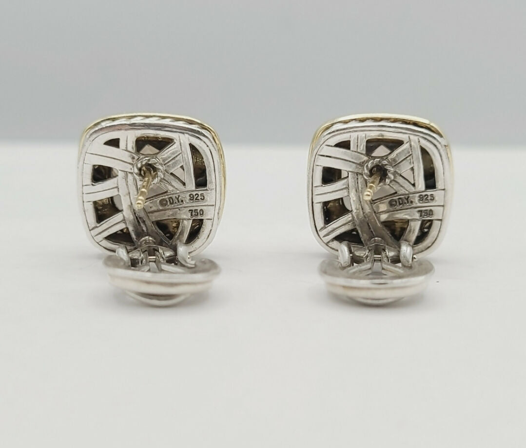    David Yurman Albion Smoky Quartz Silver Gold Diamond Earrings, 11mm