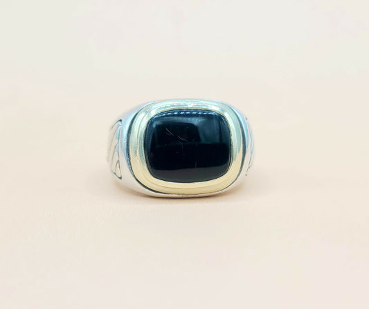    David Yurman Black Onyx Silver Gold Signet Cable Ring