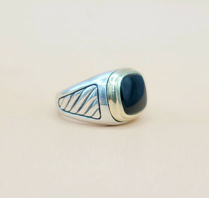    David Yurman Black Onyx Silver Gold Signet Cable Ring