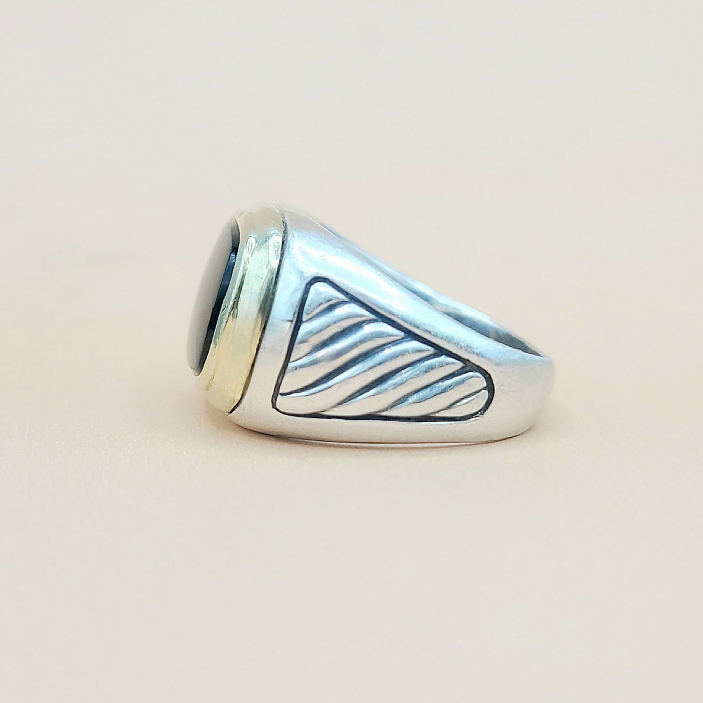    David Yurman Black Onyx Silver Gold Signet Cable Ring