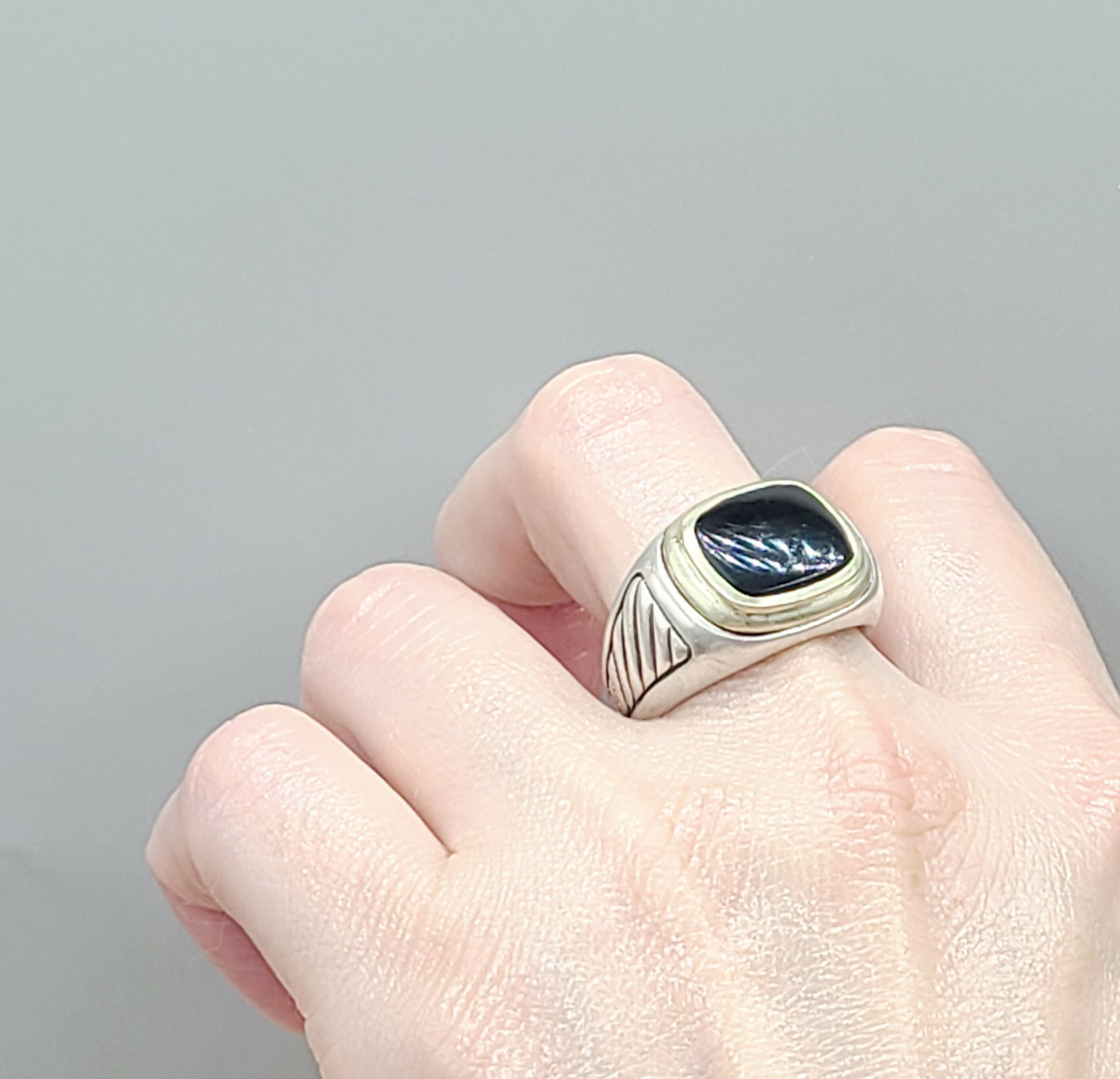    David Yurman Black Onyx Silver Gold Signet Cable Ring