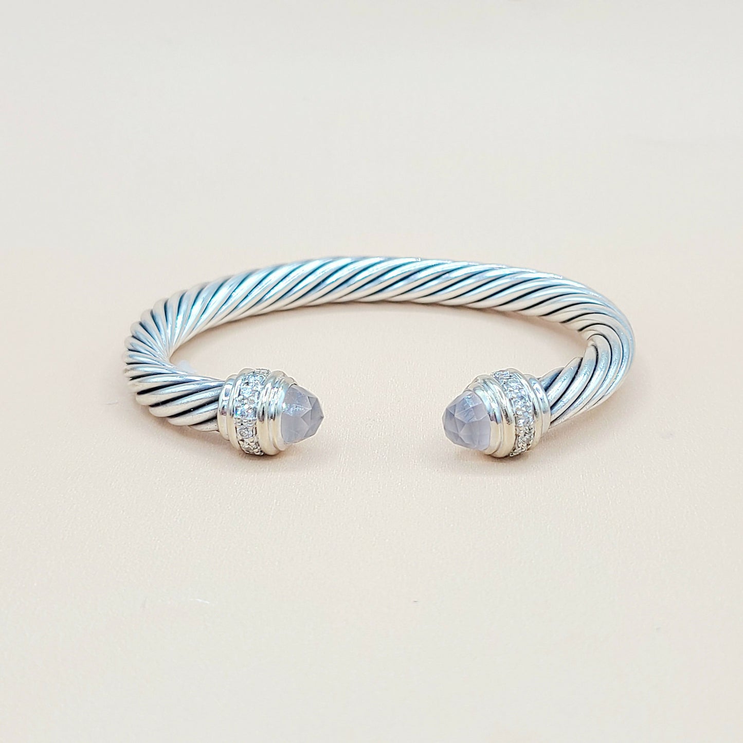    David Yurman 7mm Rose Quartz Diamonds Sterling Silver White Gold Cable Bracelet