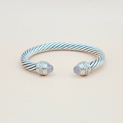    David Yurman 7mm Rose Quartz Diamonds Sterling Silver White Gold Cable Bracelet