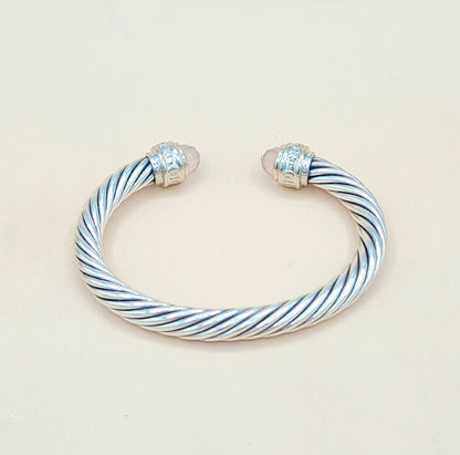    David Yurman 7mm Rose Quartz Diamonds Sterling Silver White Gold Cable Bracelet