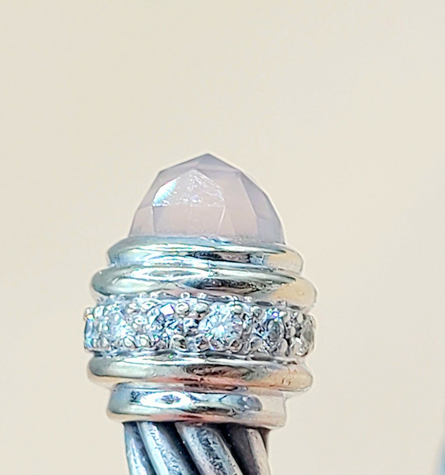    David Yurman 7mm Rose Quartz Diamonds Sterling Silver White Gold Cable Bracelet