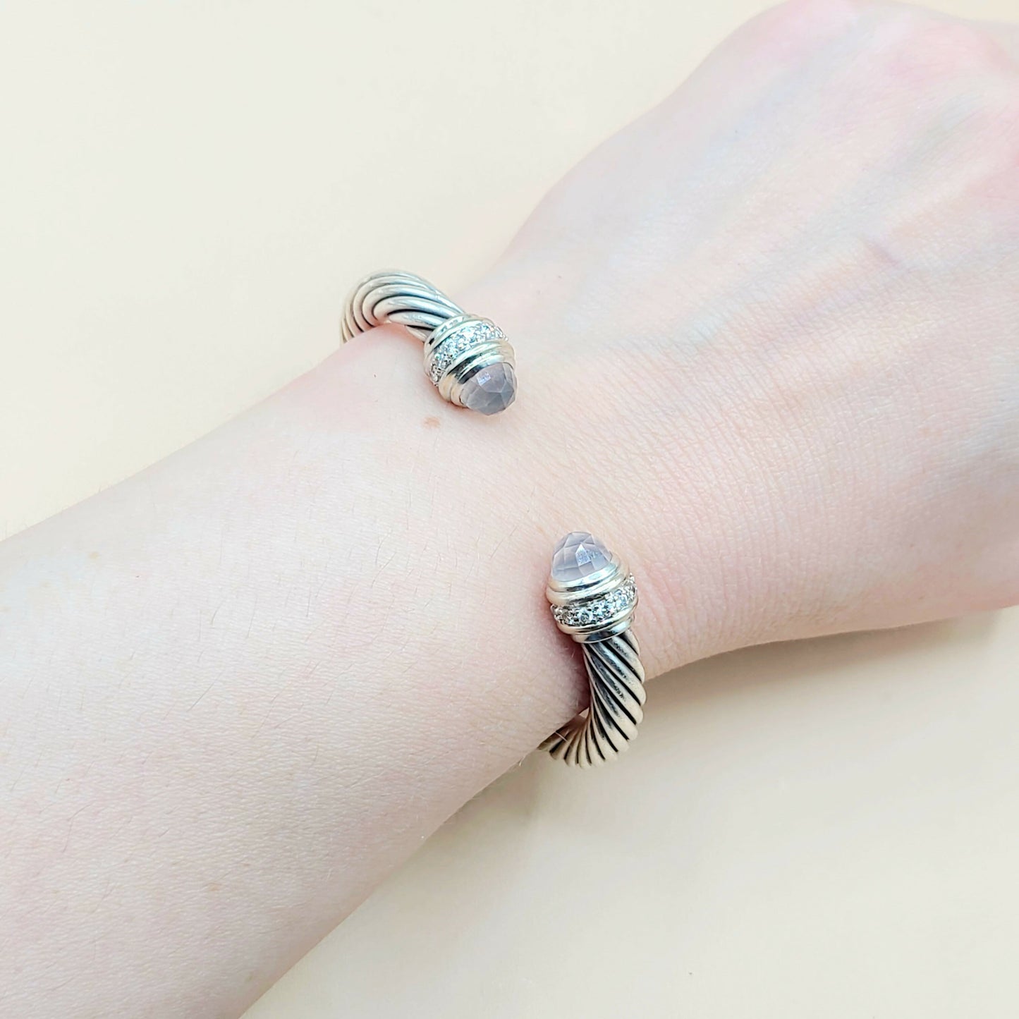    David Yurman 7mm Rose Quartz Diamonds Sterling Silver White Gold Cable Bracelet