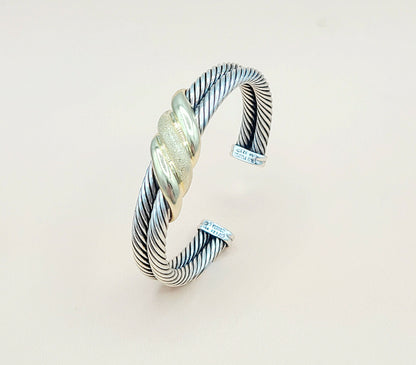    David Yurman Double Cable Crossover Wave Sterling Silver Gold Bracelet