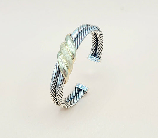    David Yurman Double Cable Crossover Wave Sterling Silver Gold Bracelet