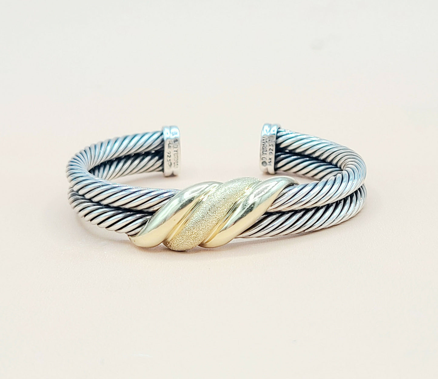    David Yurman Double Cable Crossover Wave Sterling Silver Gold Bracelet
