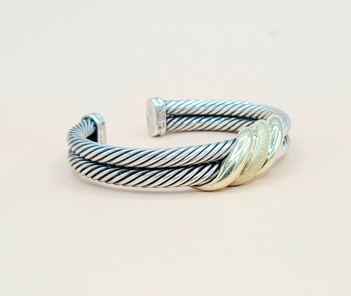    David Yurman Double Cable Crossover Wave Sterling Silver Gold Bracelet