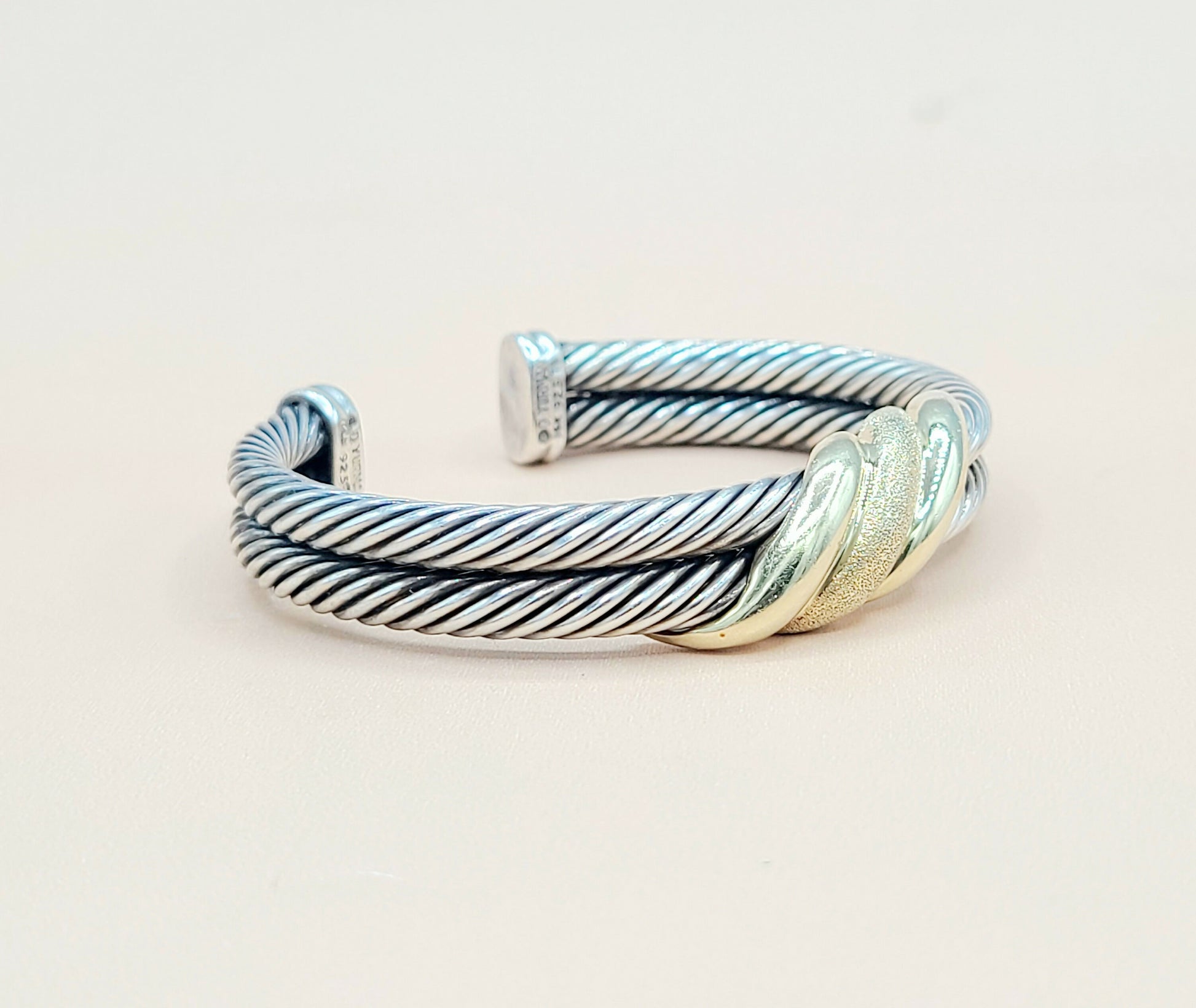    David Yurman Double Cable Crossover Wave Sterling Silver Gold Bracelet