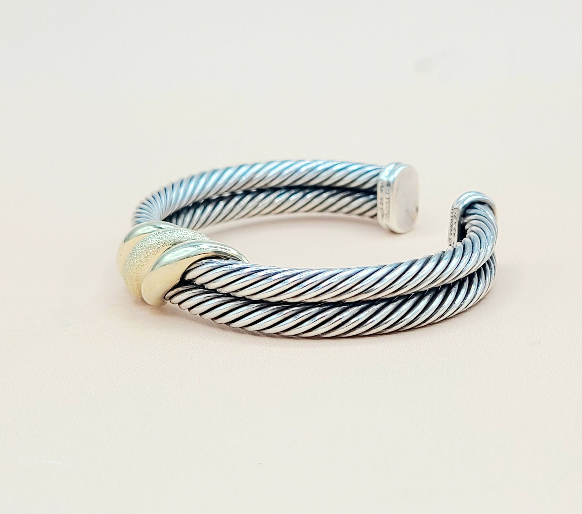    David Yurman Double Cable Crossover Wave Sterling Silver Gold Bracelet