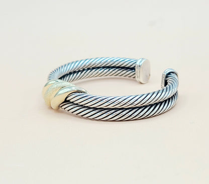   David Yurman Double Cable Crossover Wave Sterling Silver Gold Bracelet