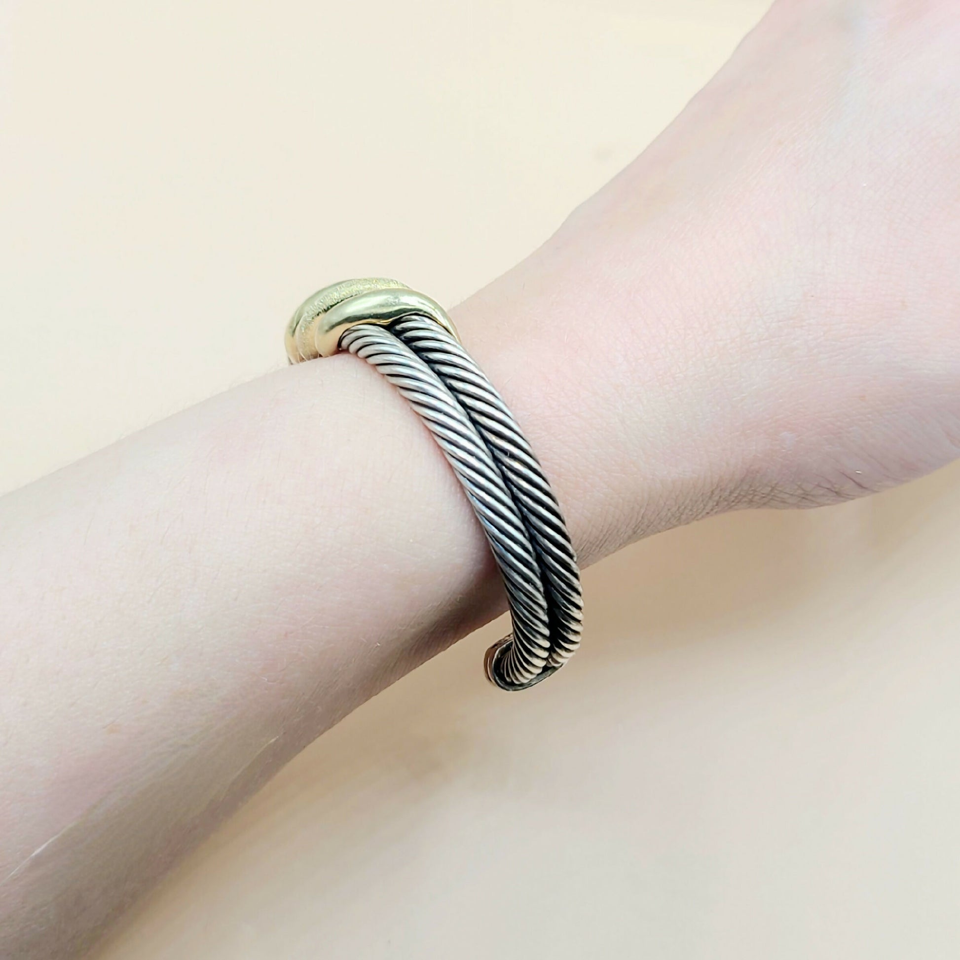    David Yurman Double Cable Crossover Wave Sterling Silver Gold Bracelet