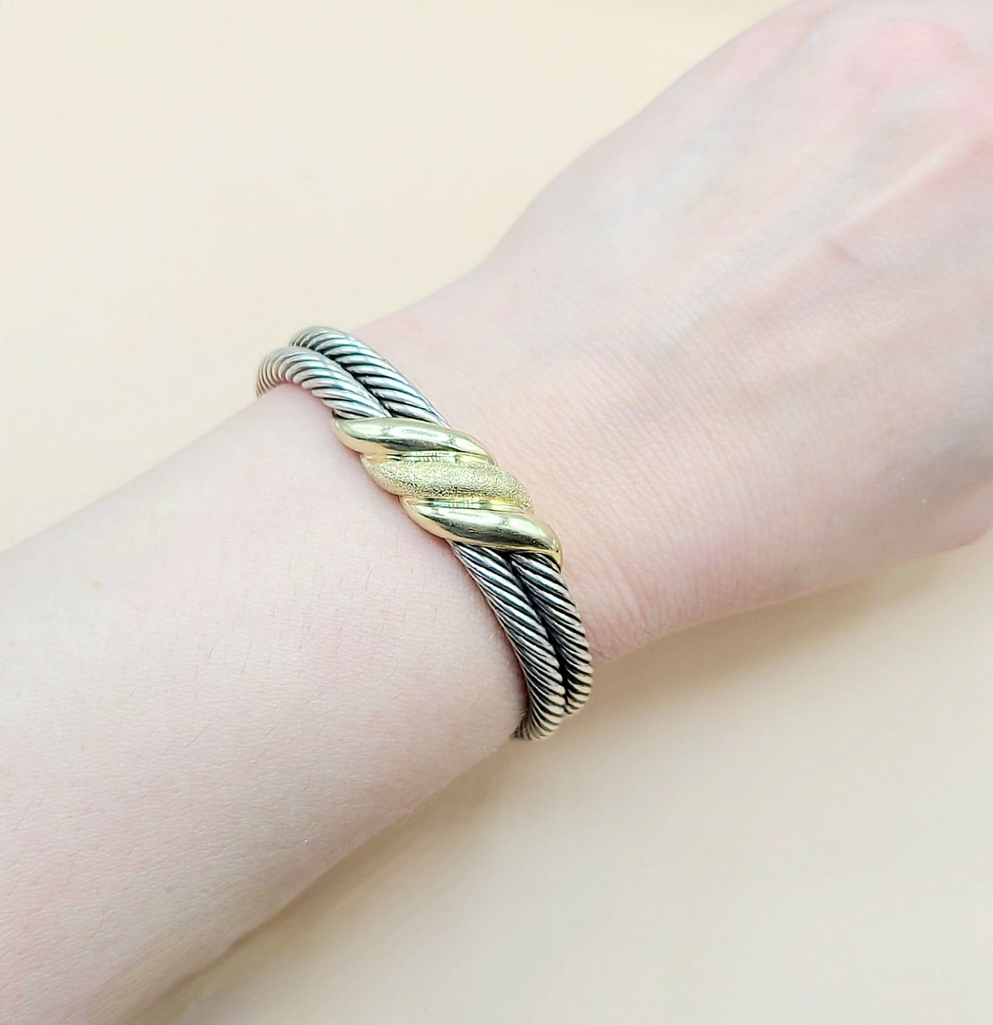    David Yurman Double Cable Crossover Wave Sterling Silver Gold Bracelet