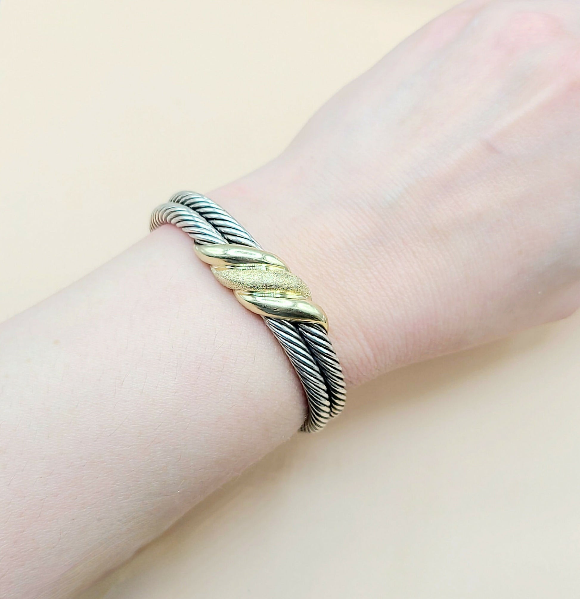    David Yurman Double Cable Crossover Wave Sterling Silver Gold Bracelet