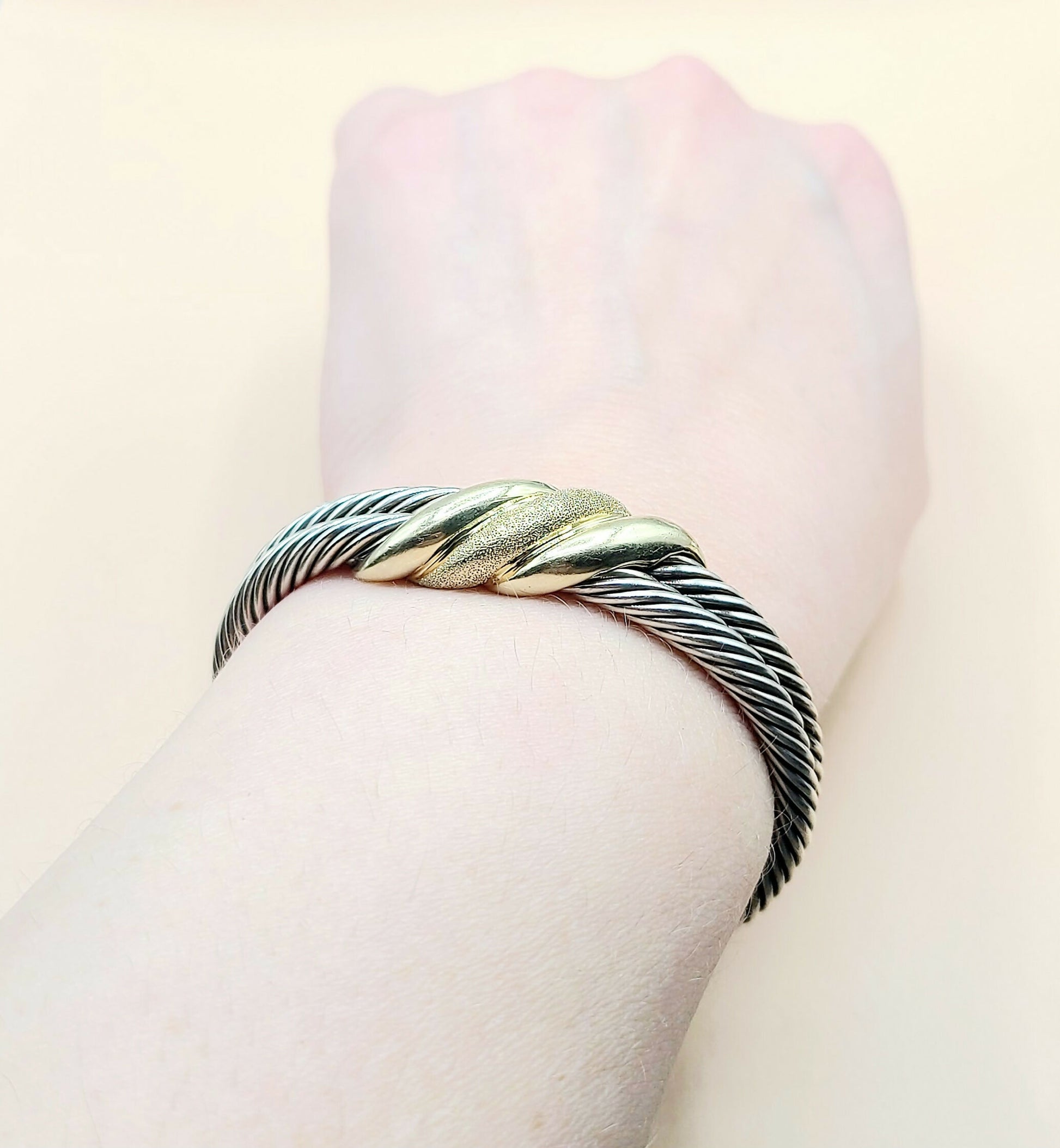    David Yurman Double Cable Crossover Wave Sterling Silver Gold Bracelet