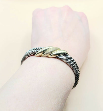    David Yurman Double Cable Crossover Wave Sterling Silver Gold Bracelet