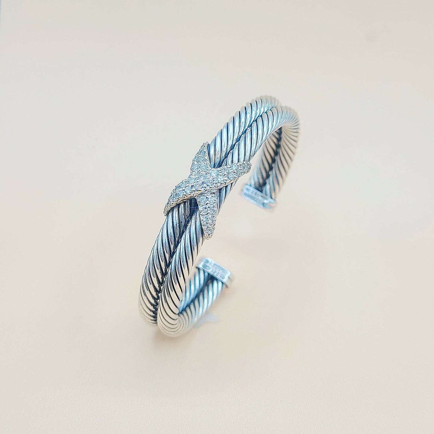    David Yurman Double Cable Diamond X Silver Gold Bracelet