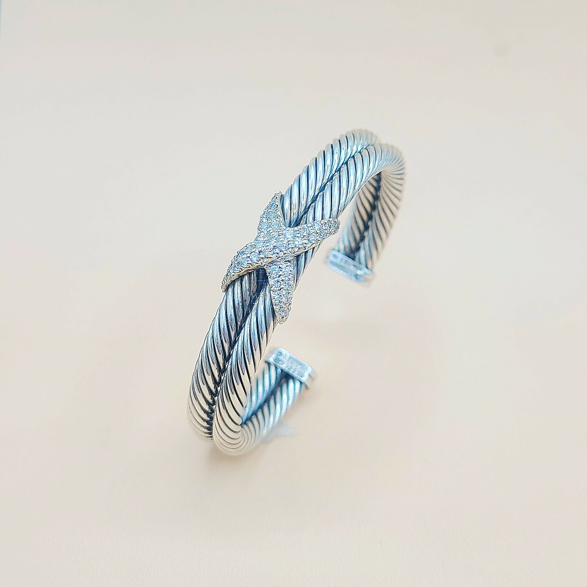    David Yurman Double Cable Diamond X Silver Gold Bracelet