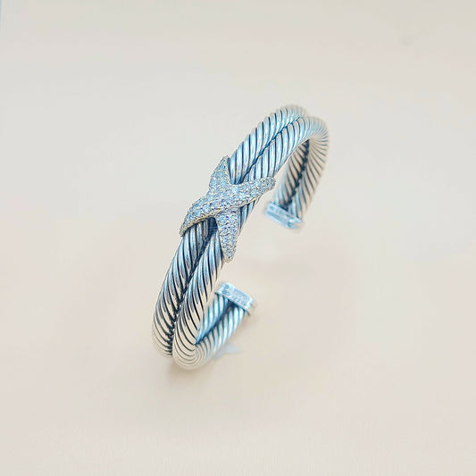    David Yurman Double Cable Diamond X Silver Gold Bracelet