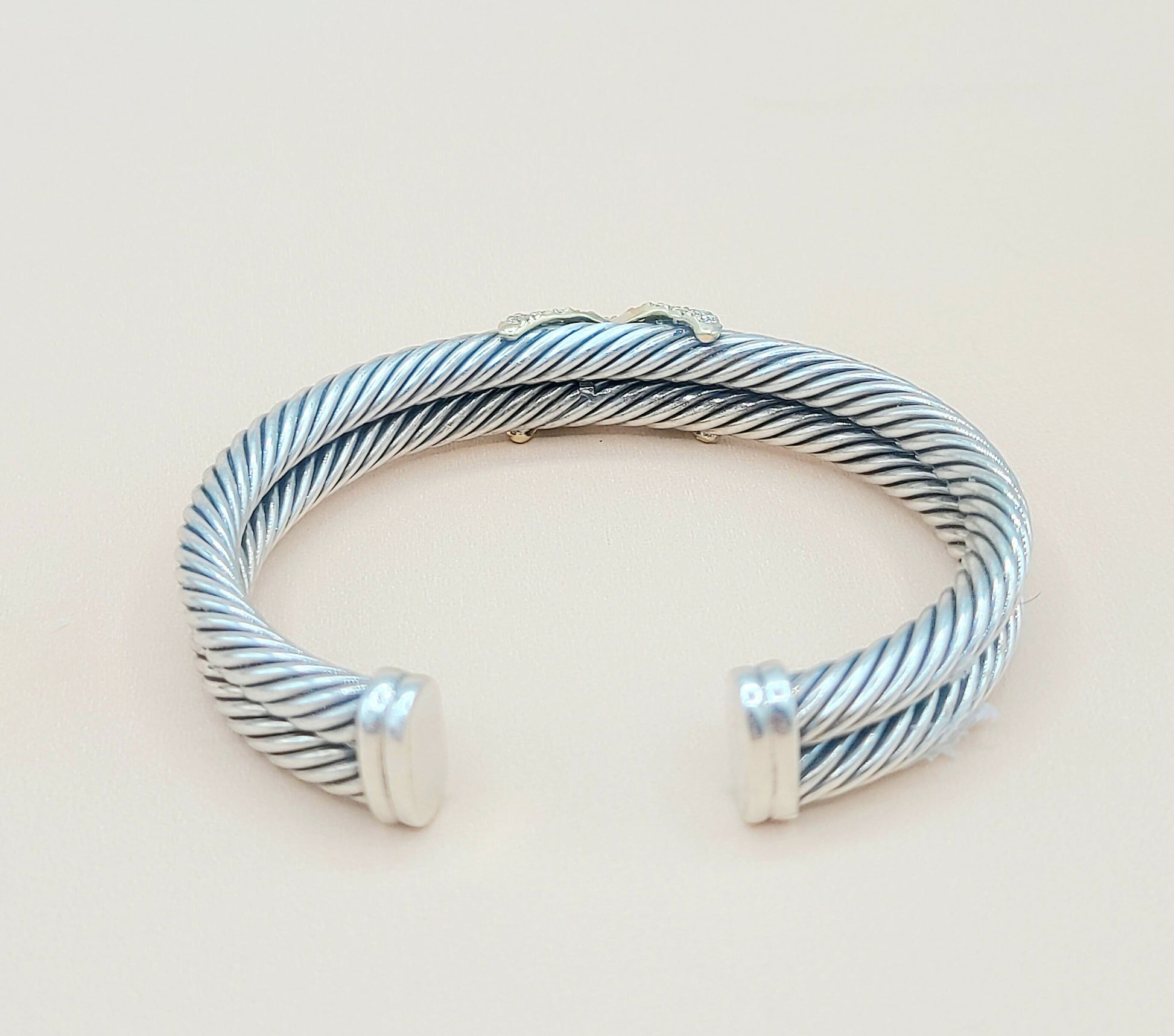    David Yurman Double Cable Diamond X Silver Gold Bracelet