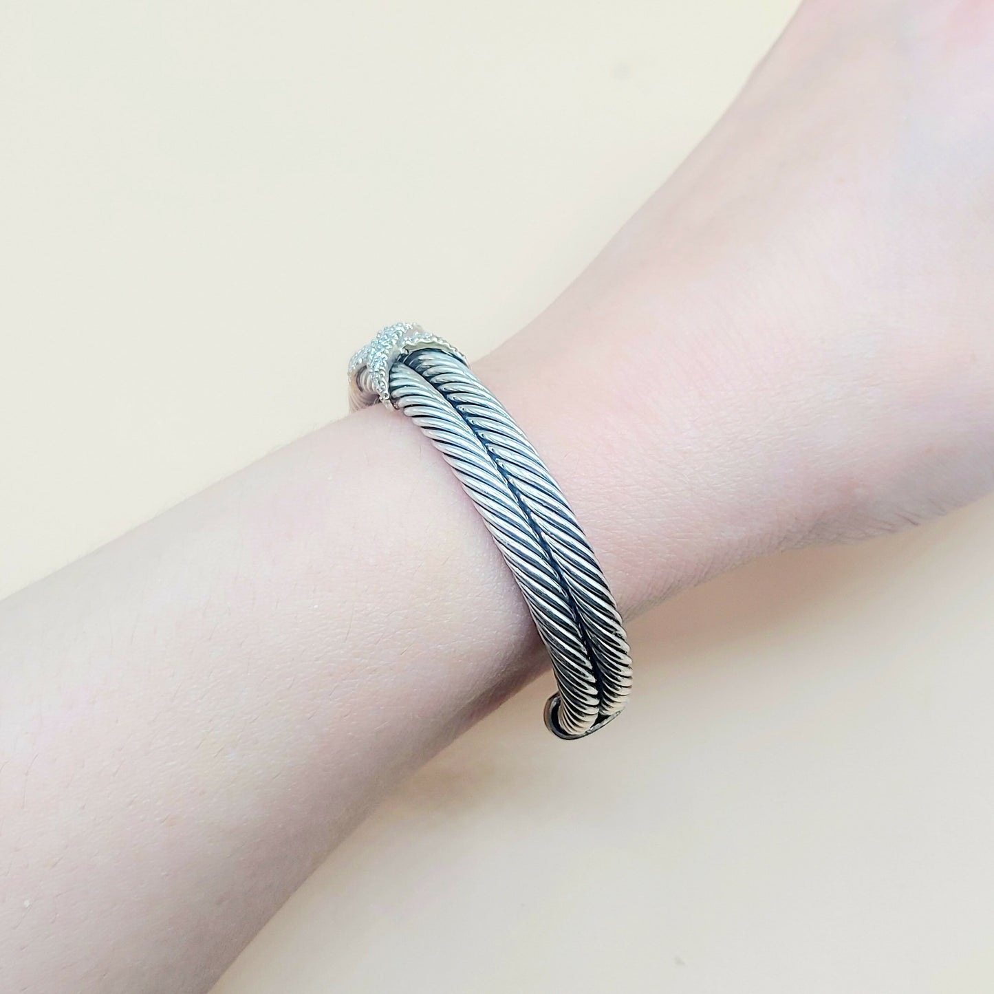    David Yurman Double Cable Diamond X Silver Gold Bracelet